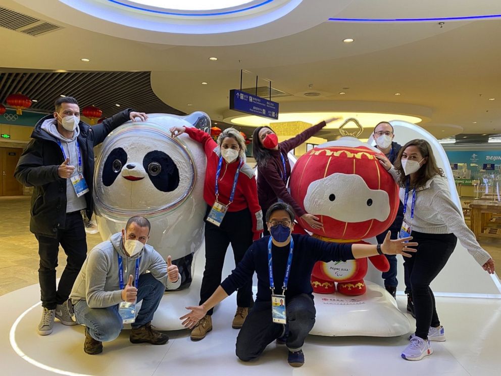 PHOTO: AABC News' Maggie Rulli and team pose with Olympic mascots, after arriving in Beijing for the 2022 Winter Olympic Games.