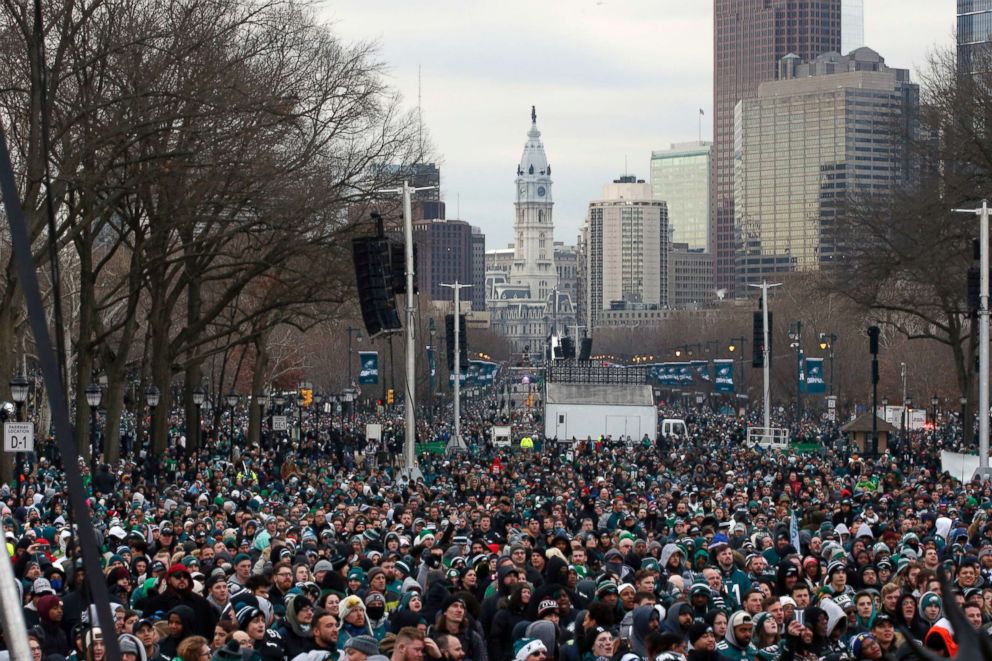 PHOTO: Fans line Benjamin Franklin Parkway before a Super Bowl victory parade for the Philadelphia Eagles football team, Feb. 8, 2018, in Philadelphia.