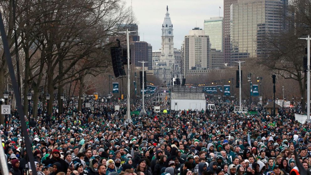Fans line Benjamin Franklin Parkway before a Super Bowl victory parade for the Philadelphia Eagles football team, Feb. 8, 2018, in Philadelphia. The Eagles beat the New England Patriots 41-33 in Super Bowl 52.