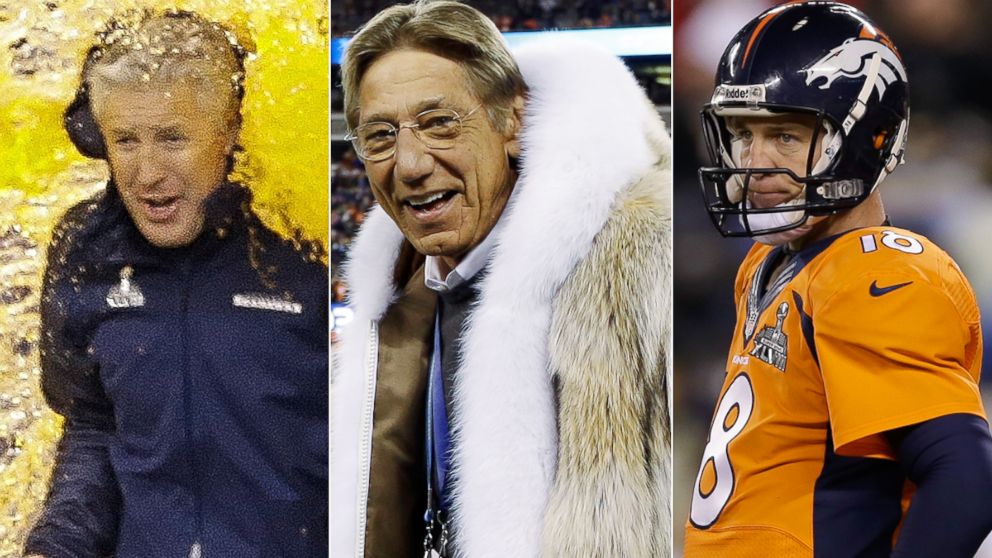 (L to R): Seahawks head coach Pete Carroll, Jets legend Joe Namath, and Broncos QB Peyton Manning contributed to key moments during Super Bowl XLVIII.