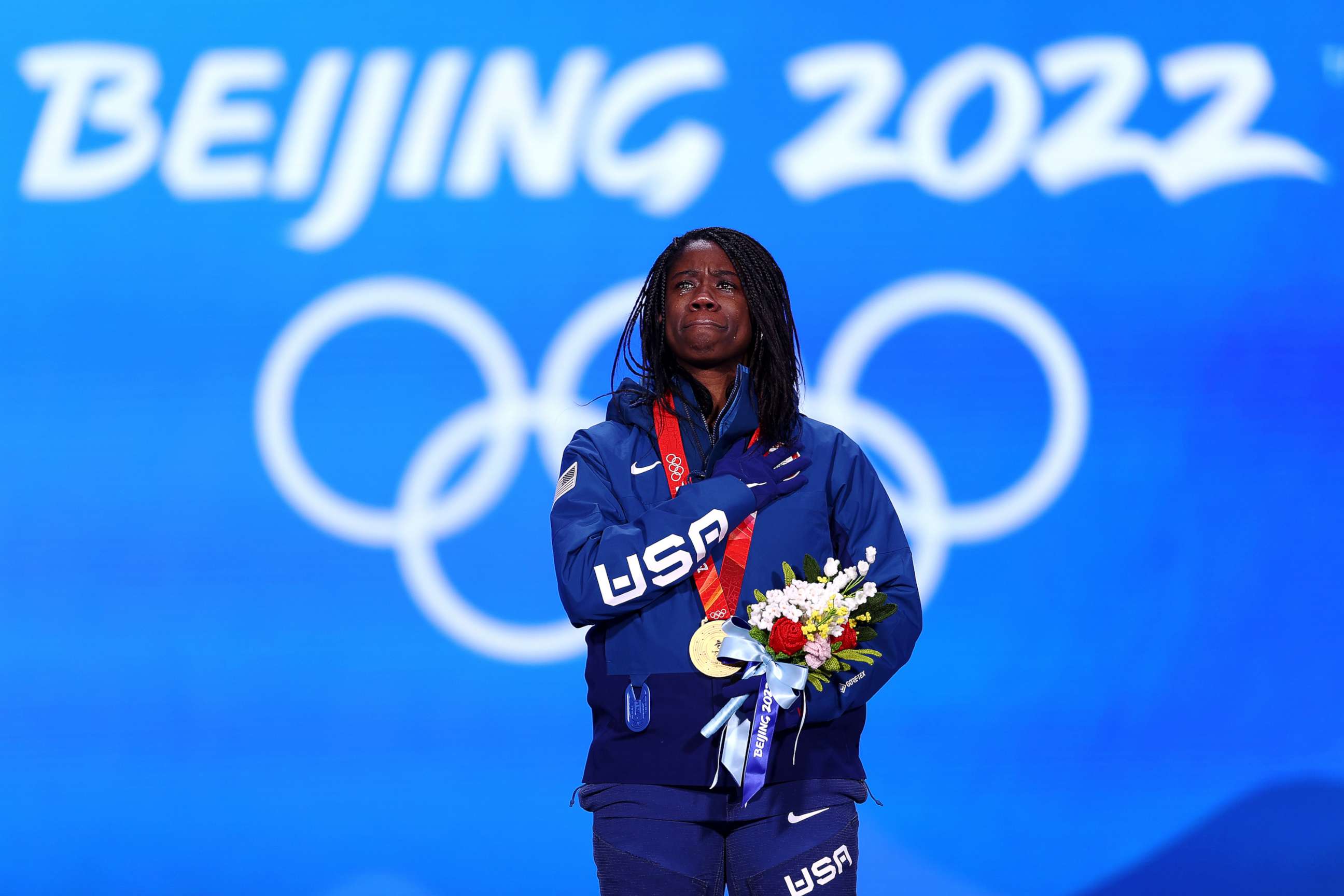 PHOTO: Gold medal-winning speed skater Erin Jackson of Team United States reacts during the Women's 500m medal ceremony on Day 10 of the 2022 Winter Olympics at Medal Plaza, in Beijing, Feb. 14, 2022.  