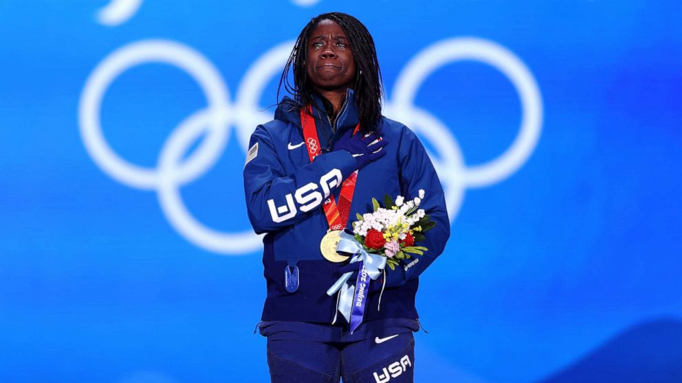 PHOTO: Gold medal-winning speed skater Erin Jackson of Team United States reacts during the Women's 500m medal ceremony on Day 10 of the 2022 Winter Olympics at Medal Plaza, in Beijing, Feb. 14, 2022.  