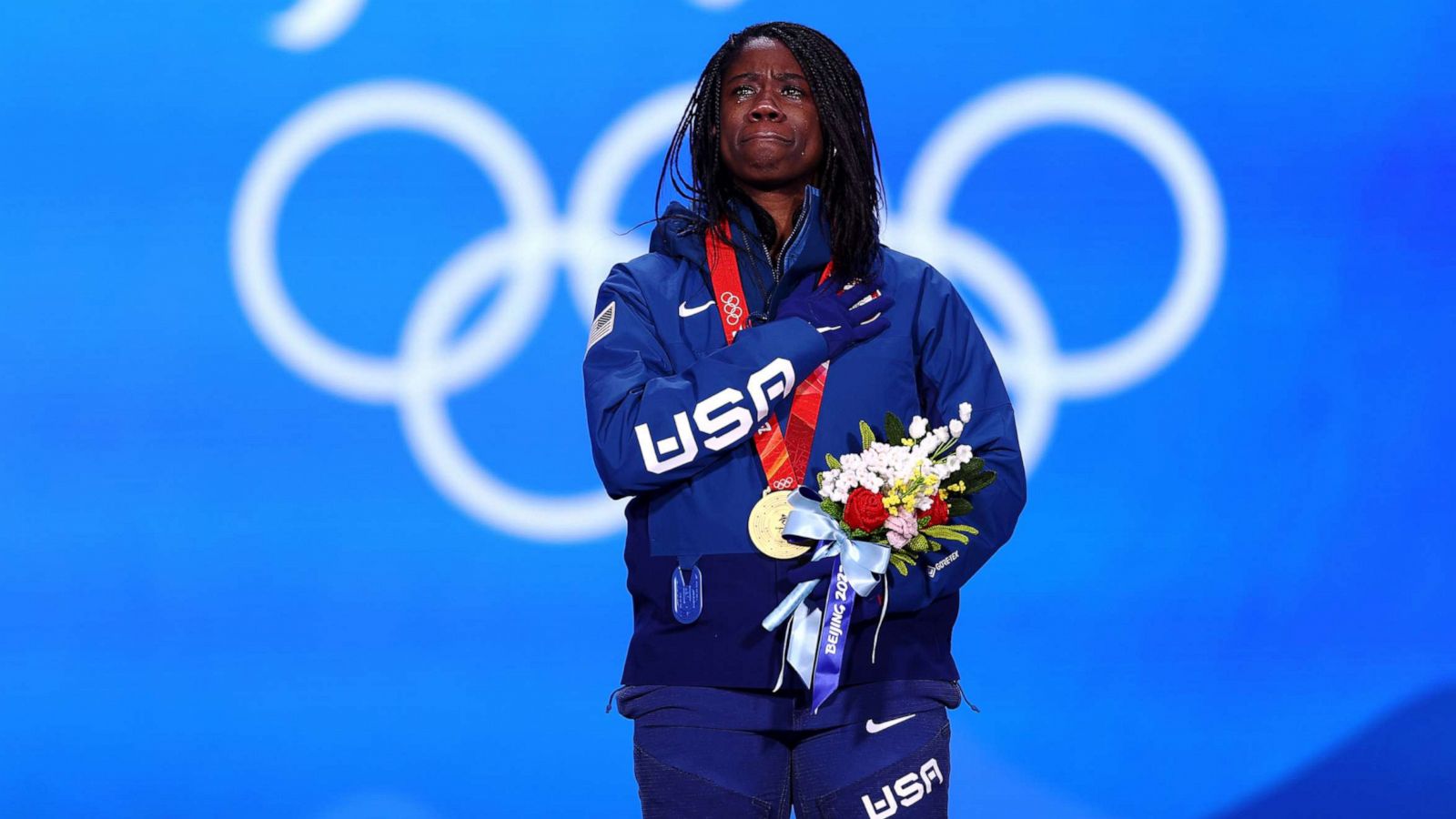 PHOTO: Gold medal-winning speed skater Erin Jackson of Team United States reacts during the Women's 500m medal ceremony on Day 10 of the 2022 Winter Olympics at Medal Plaza, in Beijing, Feb. 14, 2022.