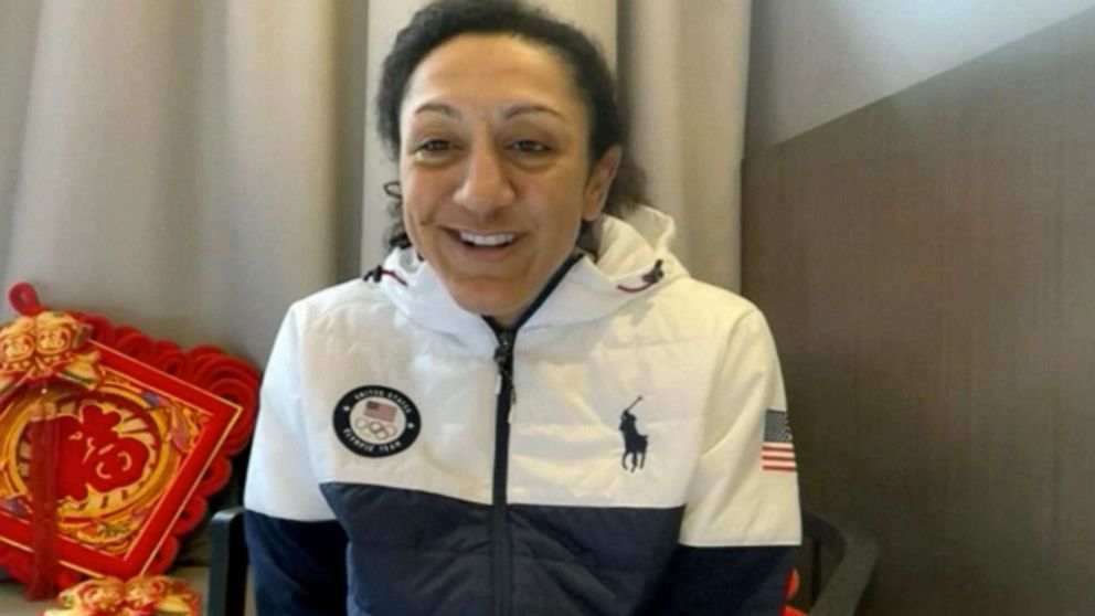 PHOTO: American bobsleigher Elana Meyers Taylor speaks with ABC News after testing positive for COVID-19 while at the Olympics in Beijing, Feb. 3, 2022.