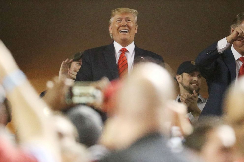 PHOTO: President Donald Trump attends Game Five of the 2019 World Series between the Houston Astros and the Washington Nationals at Nationals Park, Oct. 27, 2019 in Washington, D.C. 