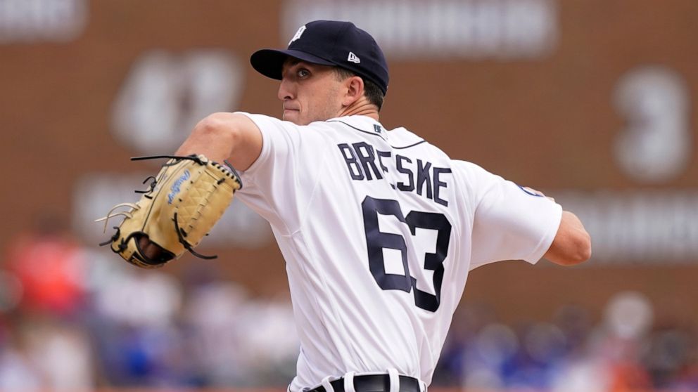Detroit Tigers starting pitcher Beau Brieske throws during the first inning of a baseball game against the Toronto Blue Jays, Saturday, June 11, 2022, in Detroit. (AP Photo/Carlos Osorio)