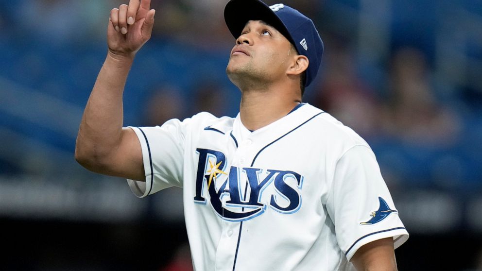 Tampa Bay Rays pitcher Yonny Chirinos reacts after retiring the Boston Red Sox during the fourth inning of a baseball game Wednesday, Sept. 7, 2022, in St. Petersburg, Fla. (AP Photo/Chris O'Meara)