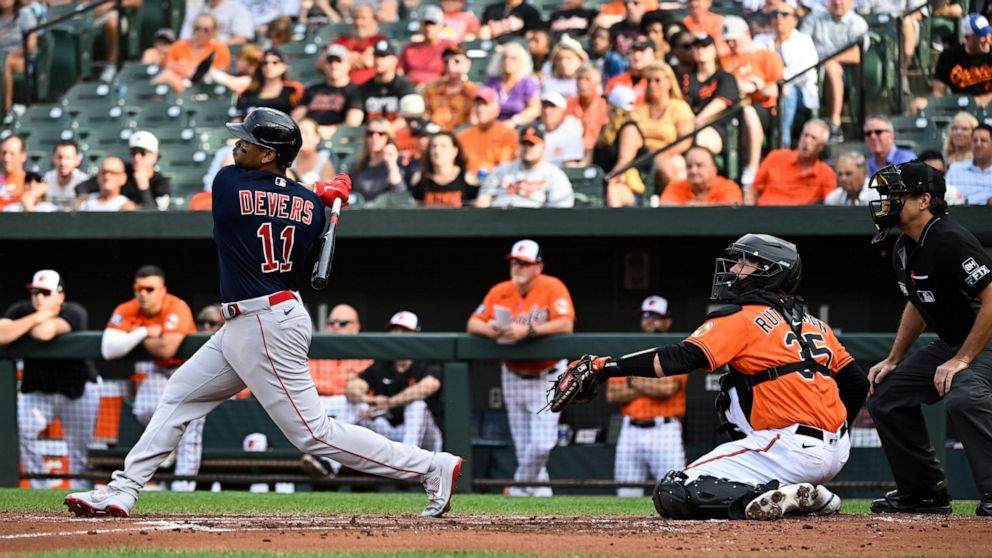 Boston Red Sox' Rafael Devers (11) hits a grand slam home run against Baltimore Orioles starting pitcher Jordan Lyles which scored Tommy Pham, Alex Verdugo, Xander Bogaerts during the first inning of a baseball game, Saturday, Sept. 10, 2022, in Balt