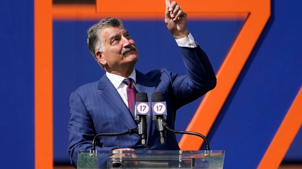 New York Mets announcer and former player Keith Hernandez speaks during a pre-game ceremony to retire his player number before a baseball game between the Mets and Miami Marlins, Saturday, July 9, 2022, in New York. (AP Photo/John Minchillo)