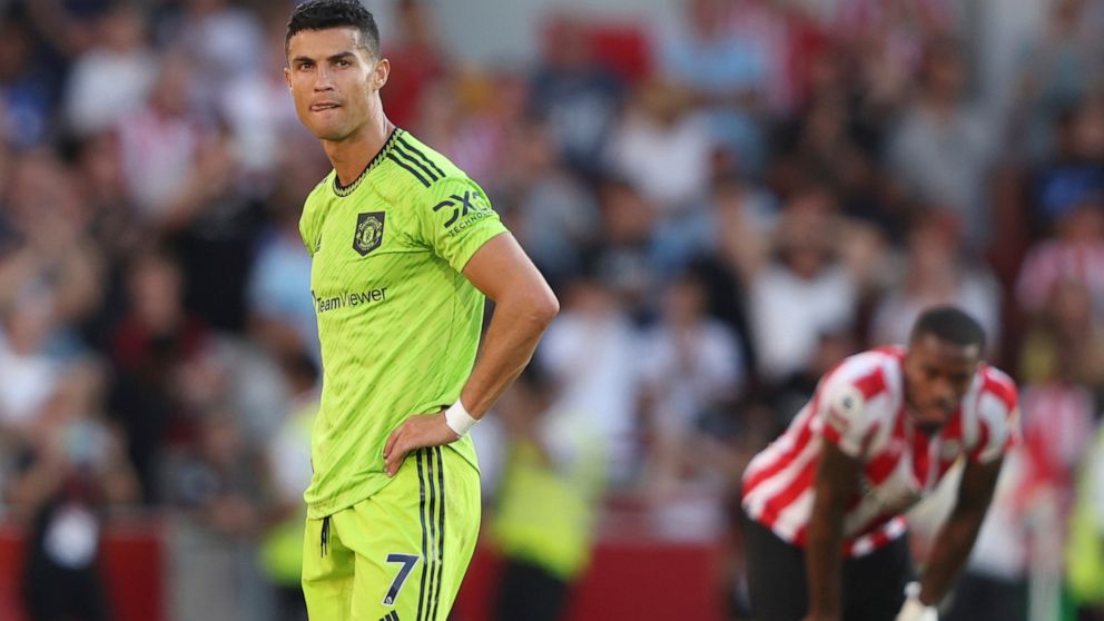 Manchester United's Cristiano Ronaldo looks round after the end of the English Premier League soccer match between Brentford and Manchester United at the Gtech Community Stadium in London, Saturday, Aug. 13, 2022. Manchester United lost 0-4 .(AP Phot