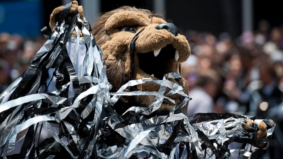 FILE - In this Thursday, June 14, 2012 file photo shows Bailey, the Los Angeles Kings' mascot covered in confetti at the end of a parade celebrating the teams' winning of the Stanley Cup in the NHL hockey championship at Staples Center, Los Angeles, 
