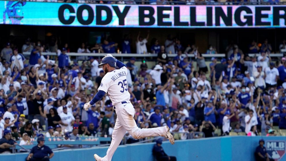Los Angeles Dodgers' Cody Bellinger rounds third after hitting a solo home run during the seventh inning of a baseball game against the San Diego Padres Sunday, Aug. 7, 2022, in Los Angeles. (AP Photo/Mark J. Terrill)