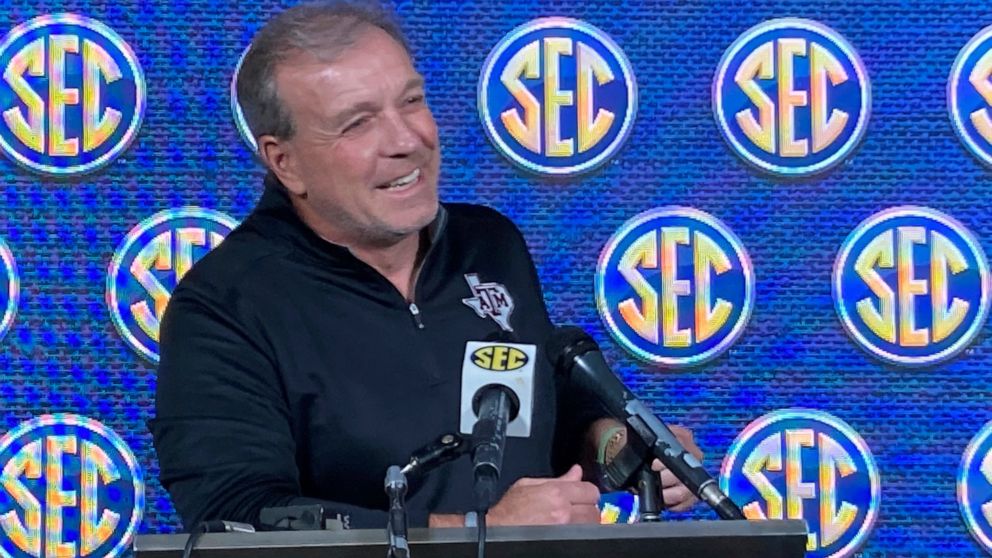 Texas A&M coach Jimbo Fisher addresses a new conference in Destin, Fla., Wednesday, June, 01, 2022. A jovial Fisher said repeatedly on Wednesday he was “moving on” from the war of words between he and his former boss that sprinkled soap-opera drama o