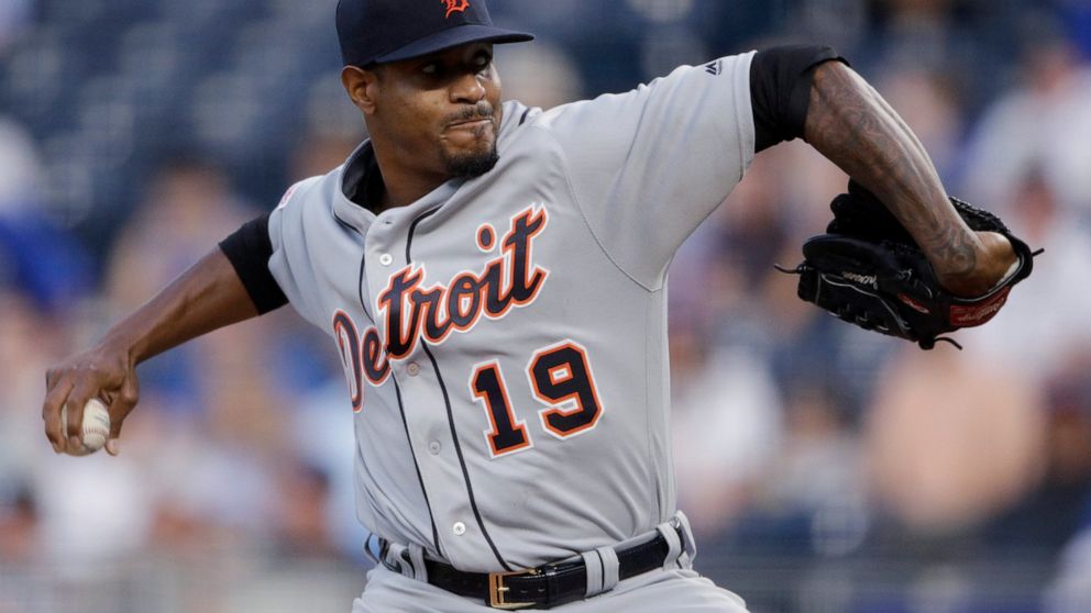 FILE - Detroit Tigers starting pitcher Edwin Jackson throws during the first inning of the team's baseball game against the Kansas City Royals on Sept. 4, 2019, in Kansas City, Mo. Jackson says 14 teams will be it. The well-traveled pitcher, who spen