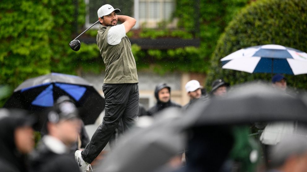 Jason Day of, Australia, hits off the 18th tee during the second round of the Wells Fargo Championship golf tournament, Friday, May 6, 2022, at TPC Potomac at Avenel Farm golf club in Potomac, Md. (AP Photo/Nick Wass)