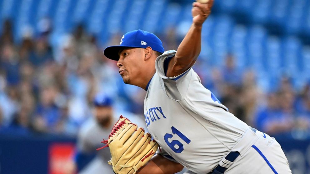 Kansas City Royals starting pitcher Angel Zerpa throws to a Toronto Blue Jays batter during the first inning of a baseball game Thursday, July 14, 2022, in Toronto. (Jon Blacker/The Canadian Press via AP)