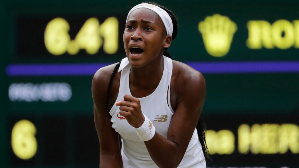 United States' Cori "Coco" Gauff reacts after winning a point against Slovenia's Polona Hercog in a Women's singles match during day five of the Wimbledon Tennis Championships in London, Friday, July 5, 2019. (AP Photo/Ben Curtis)
