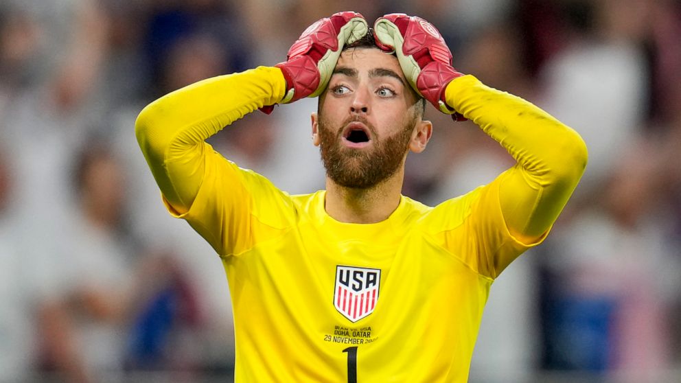 Goalkeeper Matt Turner of the United States reacts during the World Cup group B soccer match between Iran and the United States at the Al Thumama Stadium in Doha, Qatar, Tuesday, Nov. 29, 2022. (AP Photo/Ricardo Mazalan)