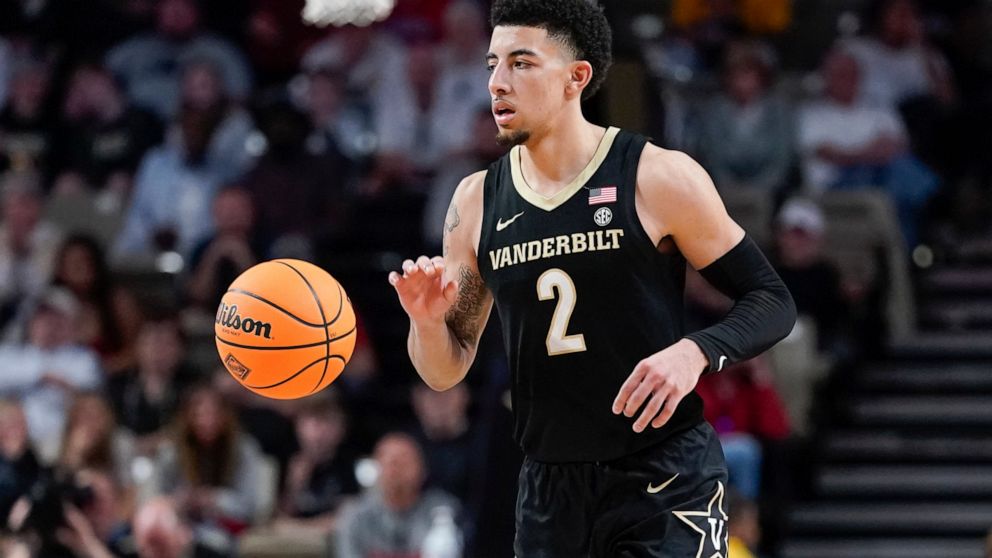 Vanderbilt's Scotty Pippen Jr. plays against Dayton in the second half of an NCAA college basketball game in the second round of the NIT Sunday, March 20, 2022, in Nashville, Tenn. Vanderbilt won in overtime 70-68. (AP Photo/Mark Humphrey)