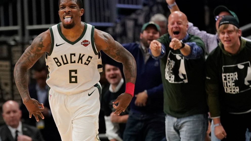 Milwaukee Bucks' Eric Bledsoe reacts to a basket during the second half of Game 5 of a second round NBA basketball playoff series against the Boston Celtics Wednesday, May 8, 2019, in Milwaukee. The Bucks won 116-91 to win the series. (AP Photo/Morry