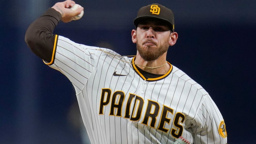 San Diego Padres starting pitcher Joe Musgrove works against a San Francisco Giants batter during the first inning of a baseball game Monday, Oct. 3, 2022, in San Diego. (AP Photo/Gregory Bull)