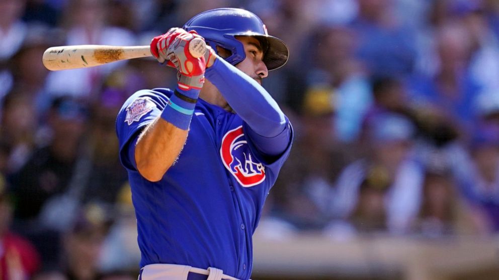 Chicago Cubs' Alfonso Rivas watches his two-run single during the eighth inning of a baseball game against the San Diego Padres, Wednesday, May 11, 2022, in San Diego. (AP Photo/Gregory Bull)