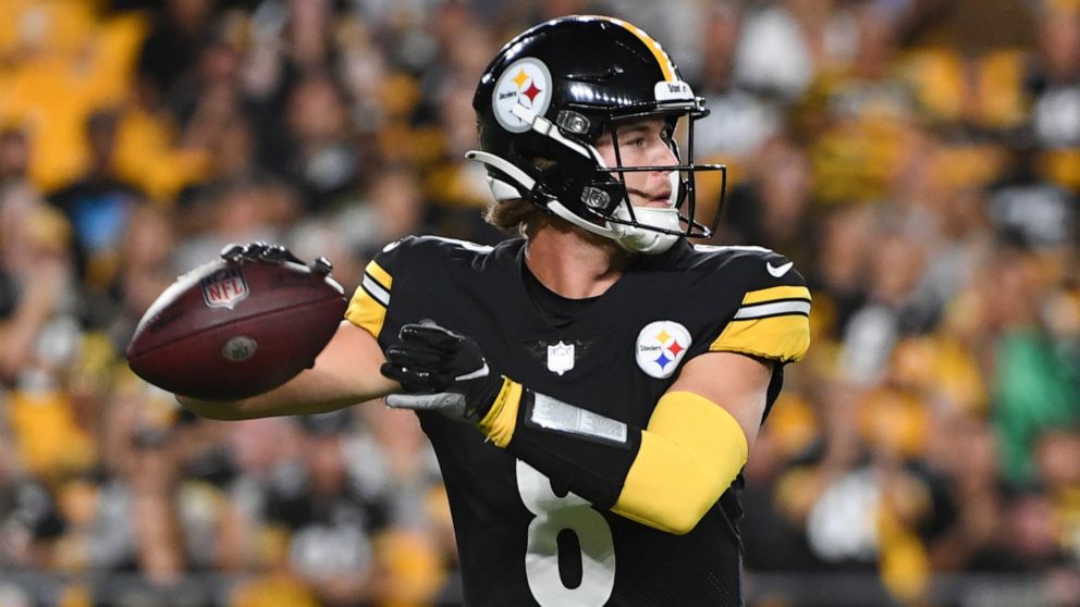 Pittsburgh Steelers quarterback Kenny Pickett looks to pass against the Seattle Seahawks during the second half of a preseason NFL football game, Saturday, Aug. 13, 2022, in Pittsburgh. (AP Photo/Barry Reeger)