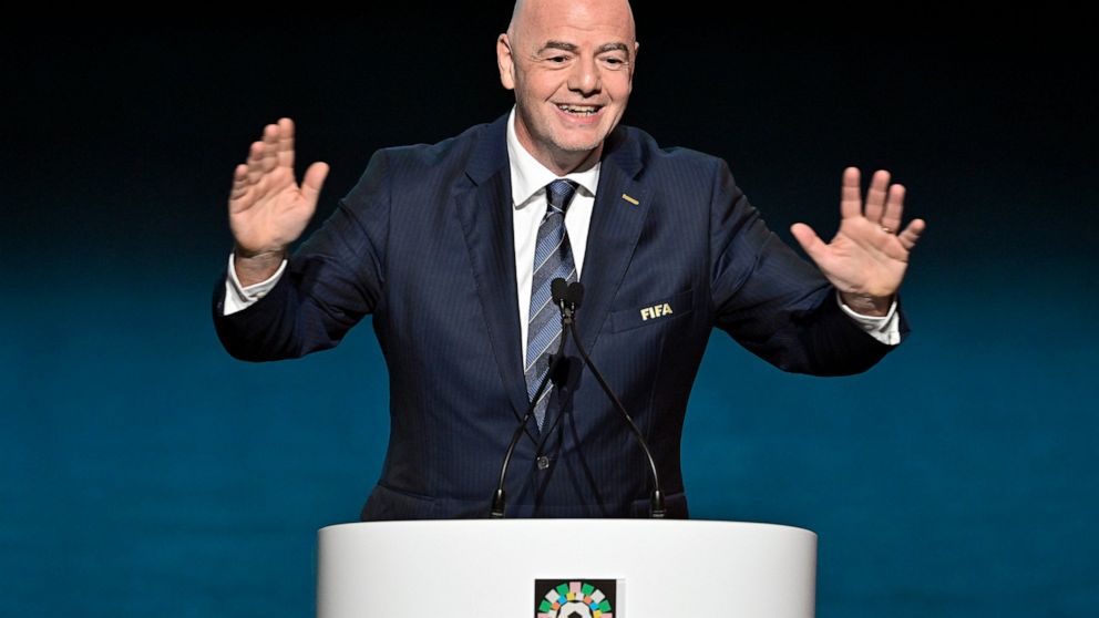 FIFA President Giovanni Infantino gestures as he speaks during the FIFA Women's World Cup 2023 draw in Auckland, New Zealand, Saturday. 22, 2022. (Alan Lee/Photosport via AP)