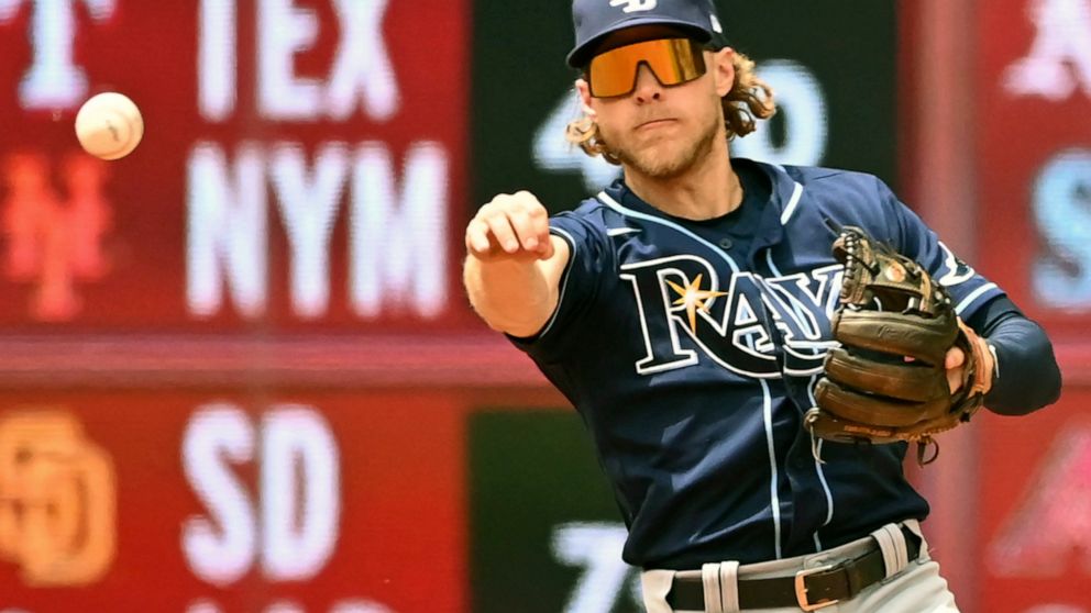 Tampa Bay Rays' second baseman Taylor Walls throws to first base to put out Toronto Blue Jays' designated hitter Vladimir Guerrero Jr., not shown, during the sixth inning of a baseball game, Saturday, July 2, 2022 in Toronto. (Jon Blacker/The Canadia