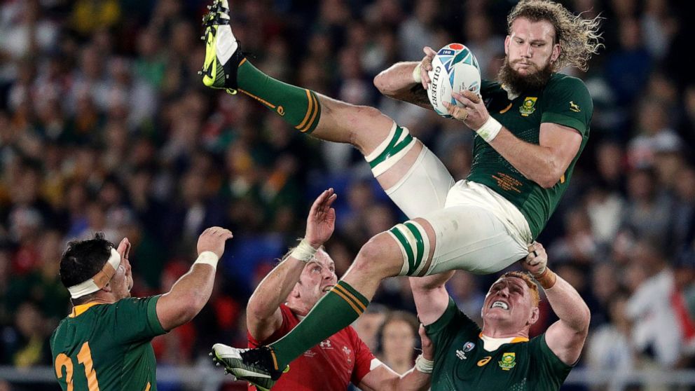 FILE - South Africa's RG Snyman takes a restart during the Rugby World Cup semifinal at International Yokohama Stadium between Wales and South Africa in Yokohama, Japan, Oct. 27, 2019. The United States has landed another World Cup. The Rugby World C