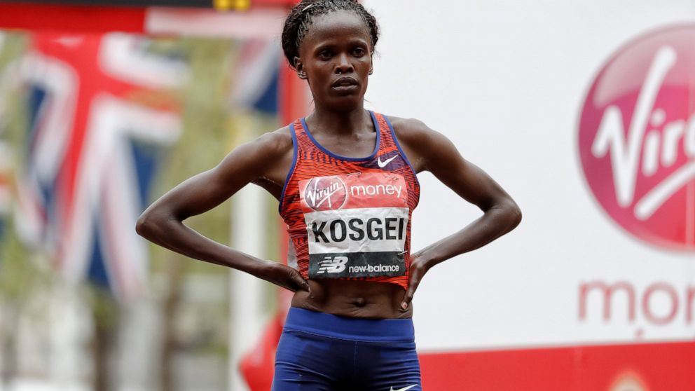 Kenya's Brigid Kosgei wins the women's race at the 39th London Marathon in London, Sunday, April 28, 2019. (AP Photo/Alastair Grant)