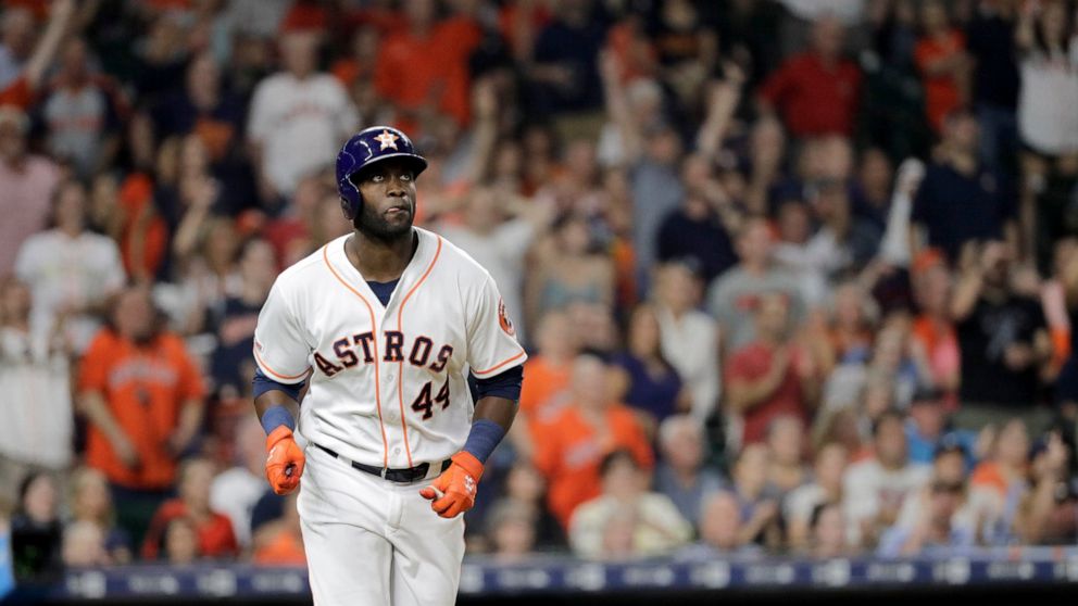 Houston Astros' Yordan Alvarez (44) watches his home run against the Oakland Athletics during the second inning of a baseball game Monday, Sept. 9, 2019, in Houston. (AP Photo/David J. Phillip)