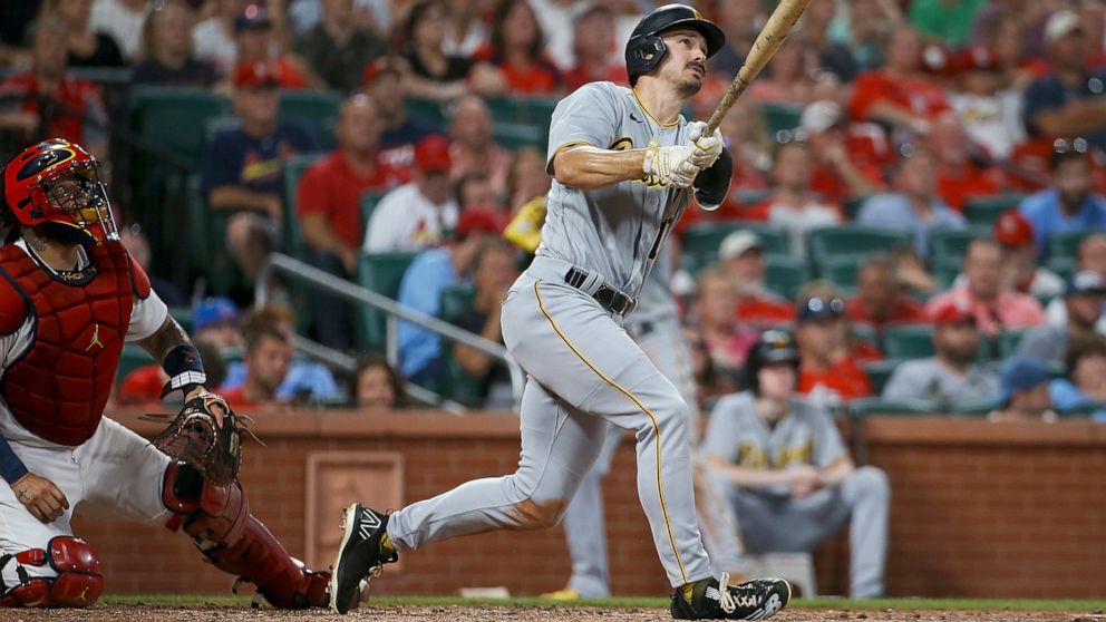 Pittsburgh Pirates' Bryan Reynolds watches his two-run home run against the St. Louis Cardinals during the seventh inning of a baseball game Wednesday, June 15, 2022, in St. Louis. (AP Photo/Scott Kane)