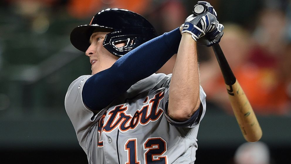Detroit Tigers' Brandon Dixon follows through on a two-run home run against the Baltimore Orioles during the ninth inning of a baseball game Wednesday, May 29, 2019, in Baltimore. The Tigers won 4-2.(AP Photo/Gail Burton)