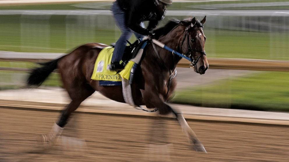 Kentucky Derby entrant Epicenter works out at Churchill Downs Thursday, May 5, 2022, in Louisville, Ky. The 148th running of the Kentucky Derby is scheduled for Saturday, May 7. (AP Photo/Charlie Riedel)
