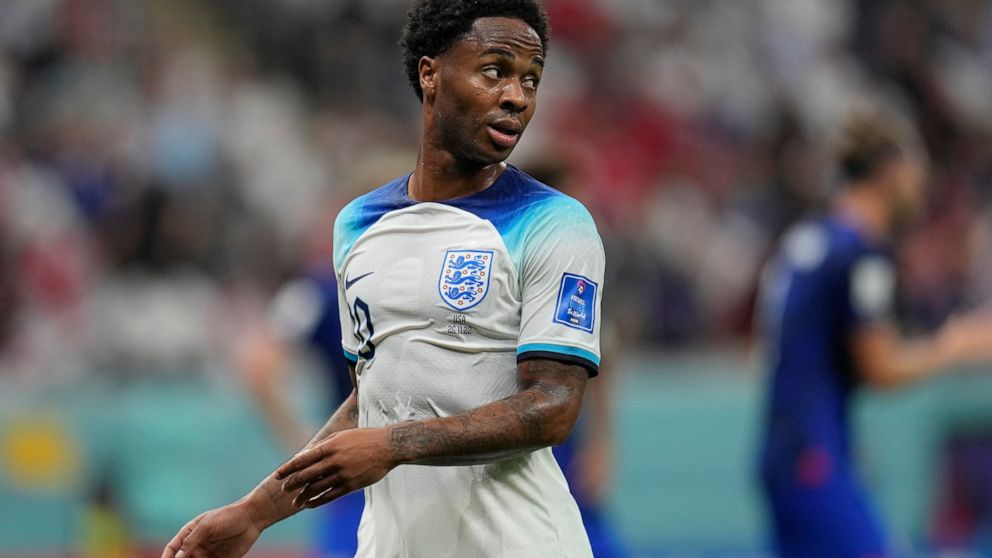 England's Raheem Sterling looks down the field during the World Cup group B soccer match between England and The United States, at the Al Bayt Stadium in Al Khor , Qatar, Friday, Nov. 25, 2022. (AP Photo/Abbie Parr)