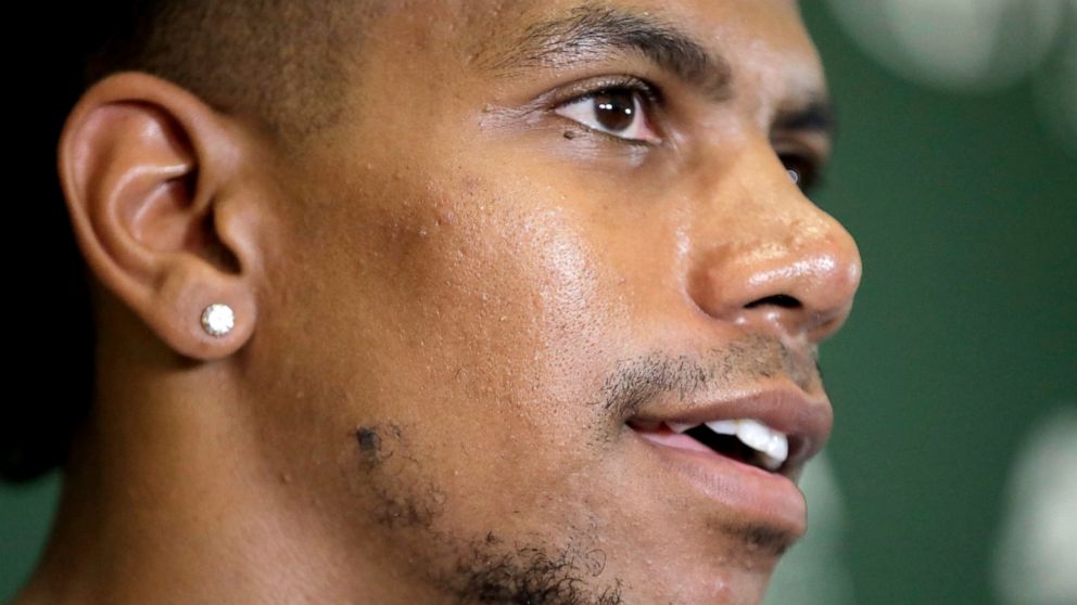 FILE - In this July 27, 2018, file photo, New York Jets wide receiver Terrelle Pryor talks to reporters during NFL football training camp in Florham Park, N.J. Allegheny County, Pa., District Attorney spokesman Mike Manko confirmed Saturday, Nov. 30,