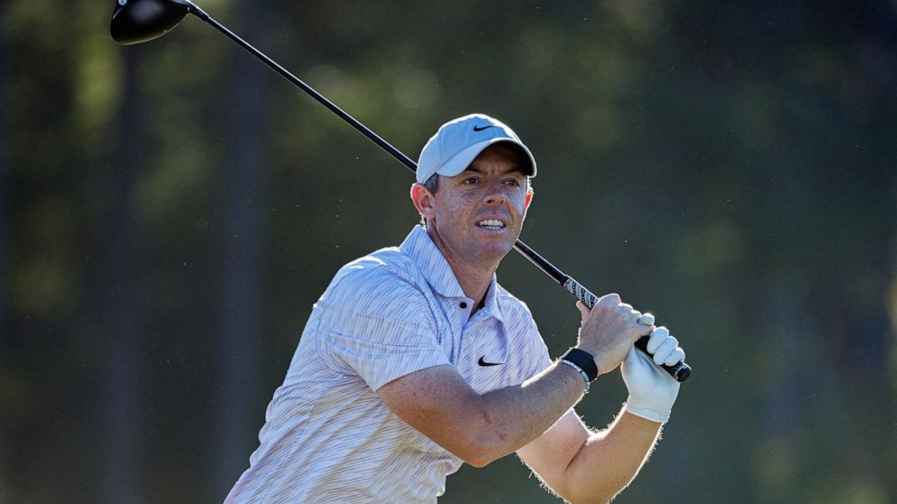 Rory McIlroy, of Northern Ireland, reacts to his drive off the 17th tee during the final round of the CJ Cup golf tournament Sunday, Oct. 23, 2022, in Ridgeland, S.C. (AP Photo/Stephen B. Morton)