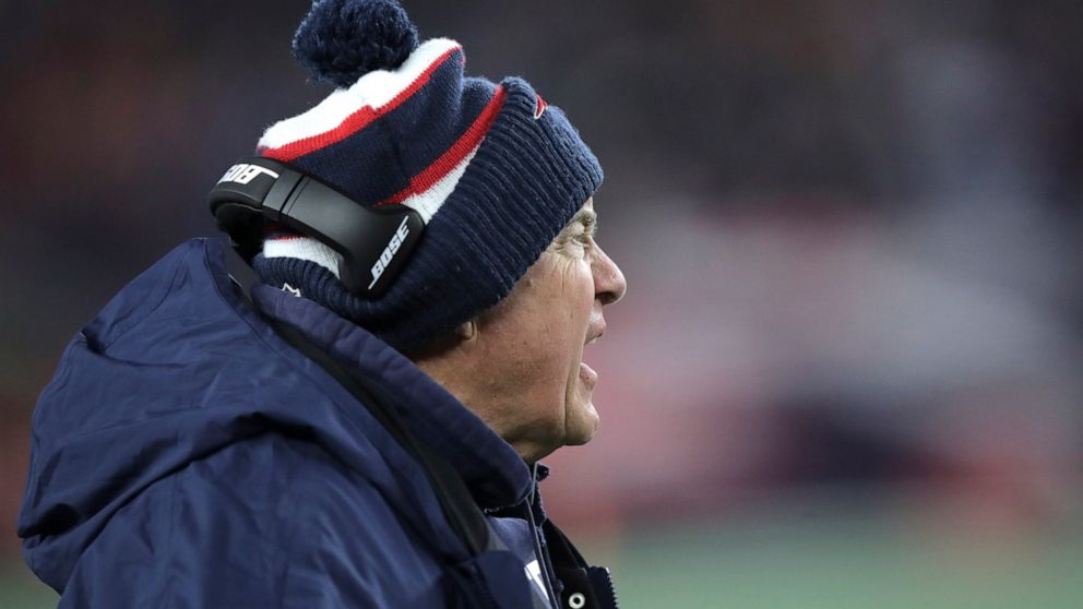 New England Patriots head coach Bill Belichick argues a call in the first half of an NFL football game against the Kansas City Chiefs, Sunday, Dec. 8, 2019, in Foxborough, Mass. (AP Photo/Charles Krupa)