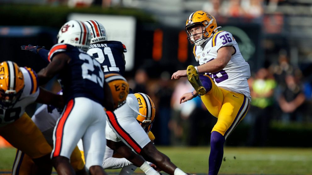 FILE - LSU kicker Cade York (36) boots a field goal during the second quarter of an NCAA college football game against Auburn, on Oct. 31, 2020, in Auburn, Ala. The Cleveland Browns selected York in the fourth round (124th overall) of the NFL draft. 