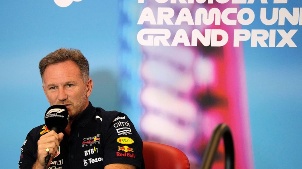 Red Bull Team Principal Christian Horner speaks during a news conference at the Formula One U.S. Grand Prix auto race at Circuit of the Americas, Saturday, Oct. 22, 2022, in Austin, Texas. (AP Photo/Charlie Neibergall)