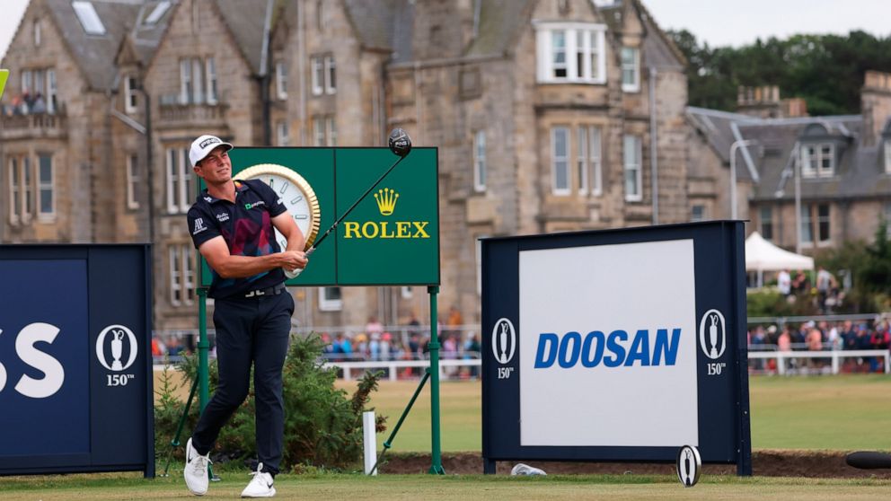 Viktor Hovland, of Norway, plays from the 2nd tee during the final round of the British Open golf championship on the Old Course at St. Andrews, Scotland, Sunday July 17, 2022. (AP Photo/Peter Morrison)