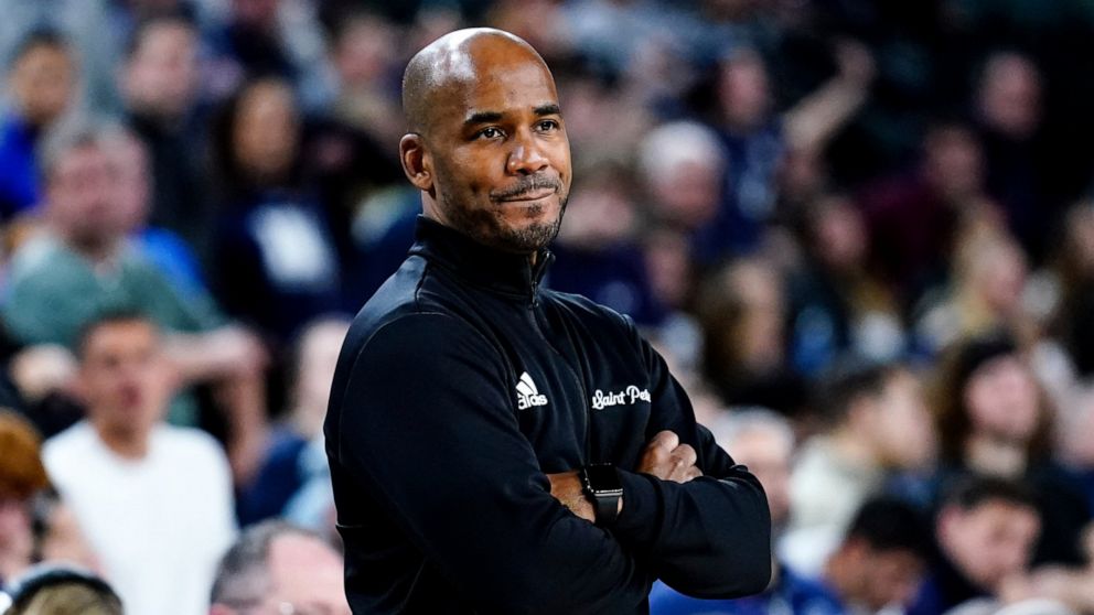 St. Peter's head coach Shaheen Holloway looks on in the second half of an NCAA college basketball game against Monmouth during the championship of the Metro Atlantic Athletic Conference tournament, Saturday, March 12, 2022, in Atlantic City, N.J. St.