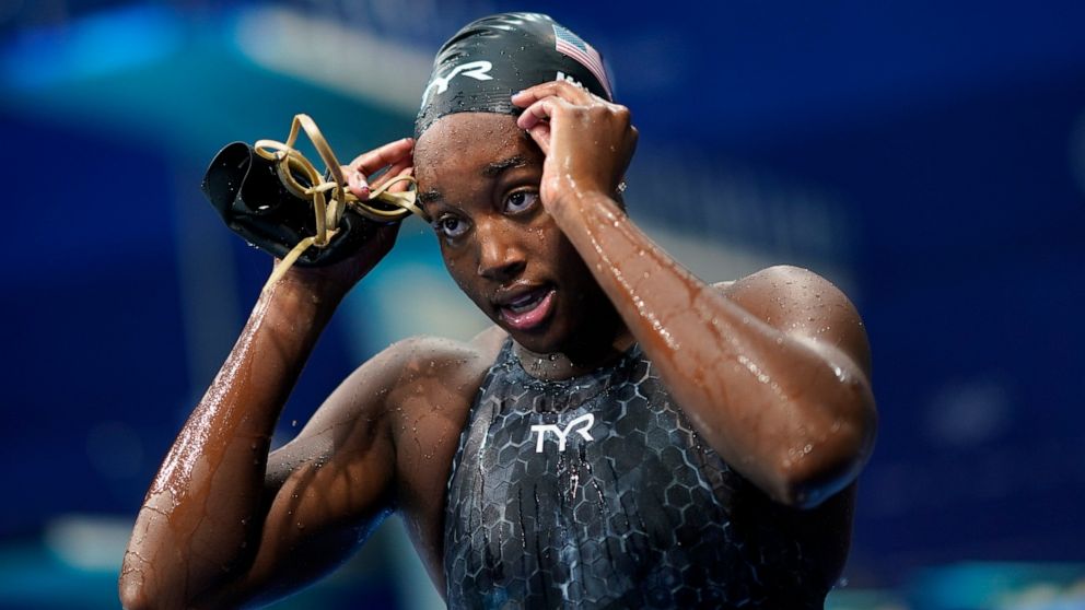 Simone Manuel, of United States, leaves the pool after a women's 50-meter freestyle semifinal at the 2020 Summer Olympics, Saturday, July 31, 2021, in Tokyo, Japan. (AP Photo/David Goldman)