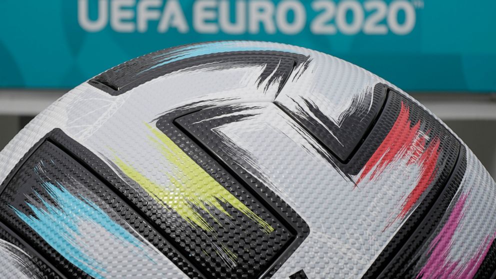 A large football is seen outside of Wembley stadium in London, Friday, July 9, 2021. The Euro 2020 soccer championship final match between Italy and England will be played at Wembley stadium on Sunday. (AP Photo/Frank Augstein)