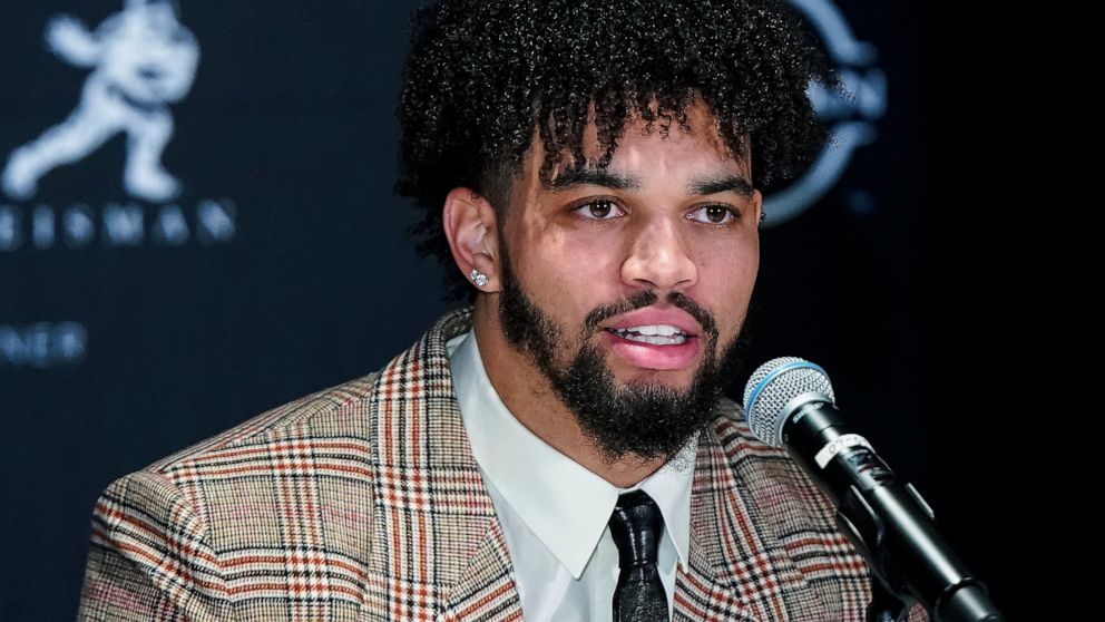 Heisman Trophy finalist and Southern California quarterback Caleb Williams speaks before attending the award ceremony Saturday, Dec. 10, 2022, in New York. (AP Photo/Eduardo Munoz Alvarez)