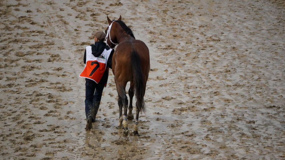 Maximum Security is walked off the track after being disqualified for the 145th running of the Kentucky Derby horse race at Churchill Downs Saturday, May 4, 2019, in Louisville, Ky. (AP Photo/Charlie Riedel)