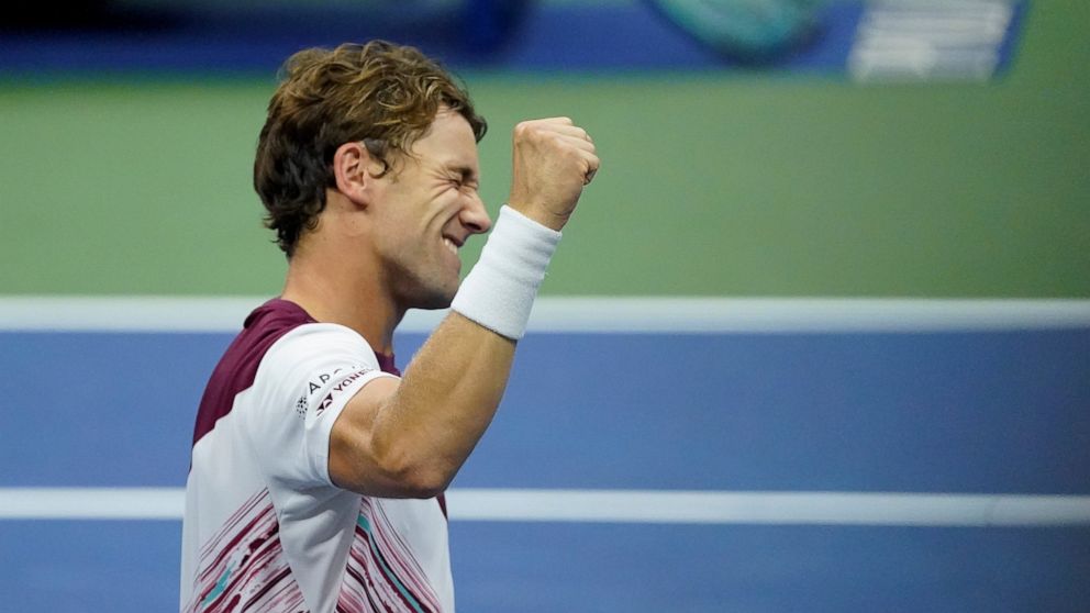 Casper Ruud, of Norway, reacts after defeating Matteo Berrettini, of Italy, during the quarterfinals of the U.S. Open tennis championships, Tuesday, Sept. 6, 2022, in New York. (AP Photo/Julia Nikhinson)