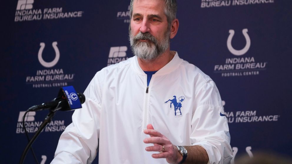 Indianapolis Colts head coach Frank Reich speaks during a news conference at the NFL team's facility in Indianapolis, Sunday, Jan. 13, 2019. The team ended their season with a loss to Kansas City in a playoff game the day before. (AP Photo/AJ Mast)