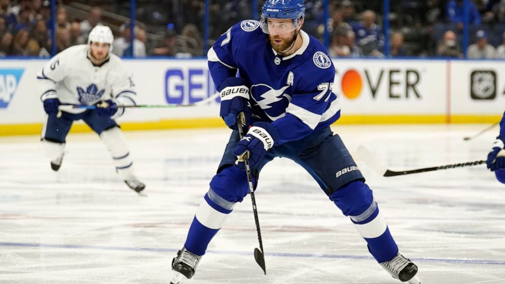 Tampa Bay Lightning defenseman Victor Hedman (77) carries the puckinto the offensive zone against the Toronto Maple Leafs during the second period in Game 6 of an NHL hockey first-round playoff series Thursday, May 12, 2022, in Tampa, Fla. (AP Photo/